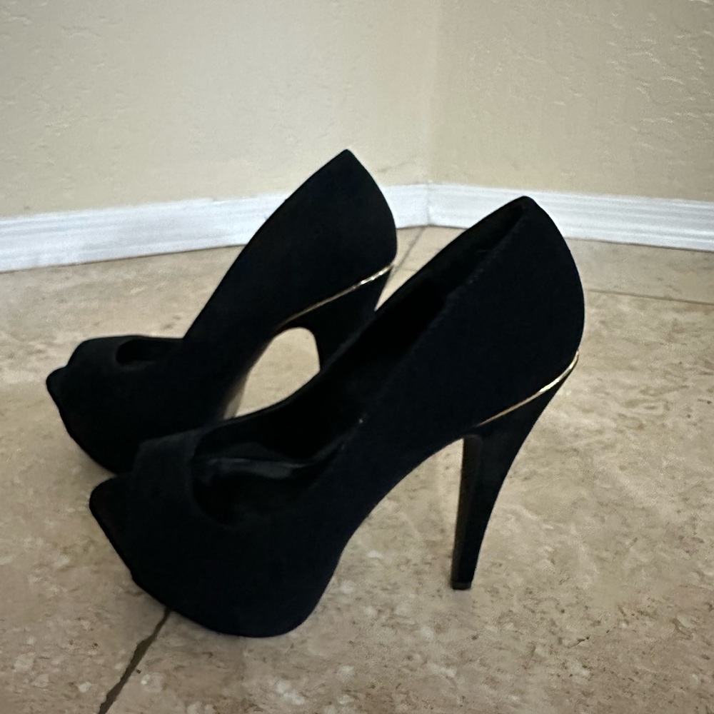 Black suede 5 inch heels with peep toe